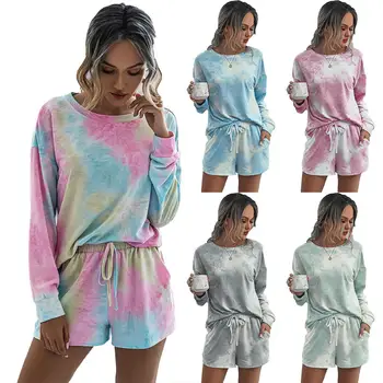 

Women Pajamas Set Summer Casual Tie Dye Homewear Set Blouse Drawstring Shorts Loungewear Sleepwear pyjamas women Nightwear hot