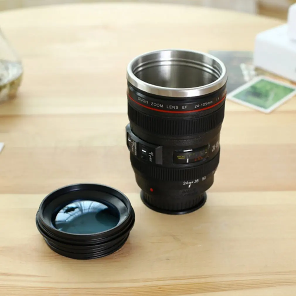 Creative camera does not pour the cup with lid stainless steel liner coffee cup office lens anti-collision personality cup