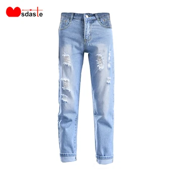 

Jeans Women Pencil Pants 2019 Autumn Washed Blue Denim Harem Trousers Hight Waist Vintage Ripped Ankle-length Woman Denim Pants