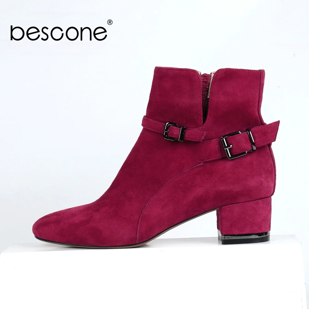 

BESCONE Ladies Ankle Boots Casual Handmade Buckle Round Toe Square Heel Shoes Basic 4.5 cm Med Heel Outside Women Boots BC178