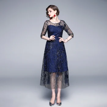 

2019 New Women dress Embroidery Mesh Noble Party Long Dresses Navy Blue 6908