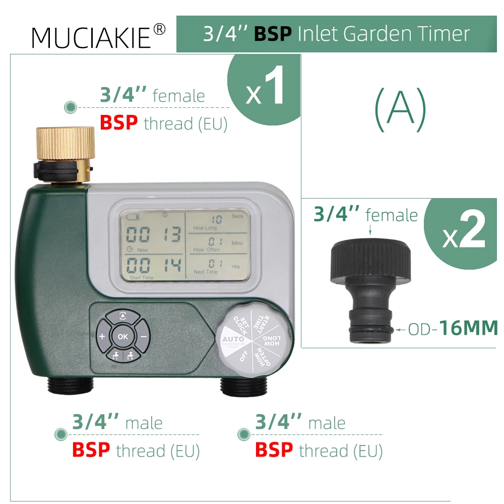 MUCIAKIE Garden Programmable 2-Outlet Timer Brass 3/4'' Female Inlet Hose Faucet Water Irrigation Controller System Sprinkler 