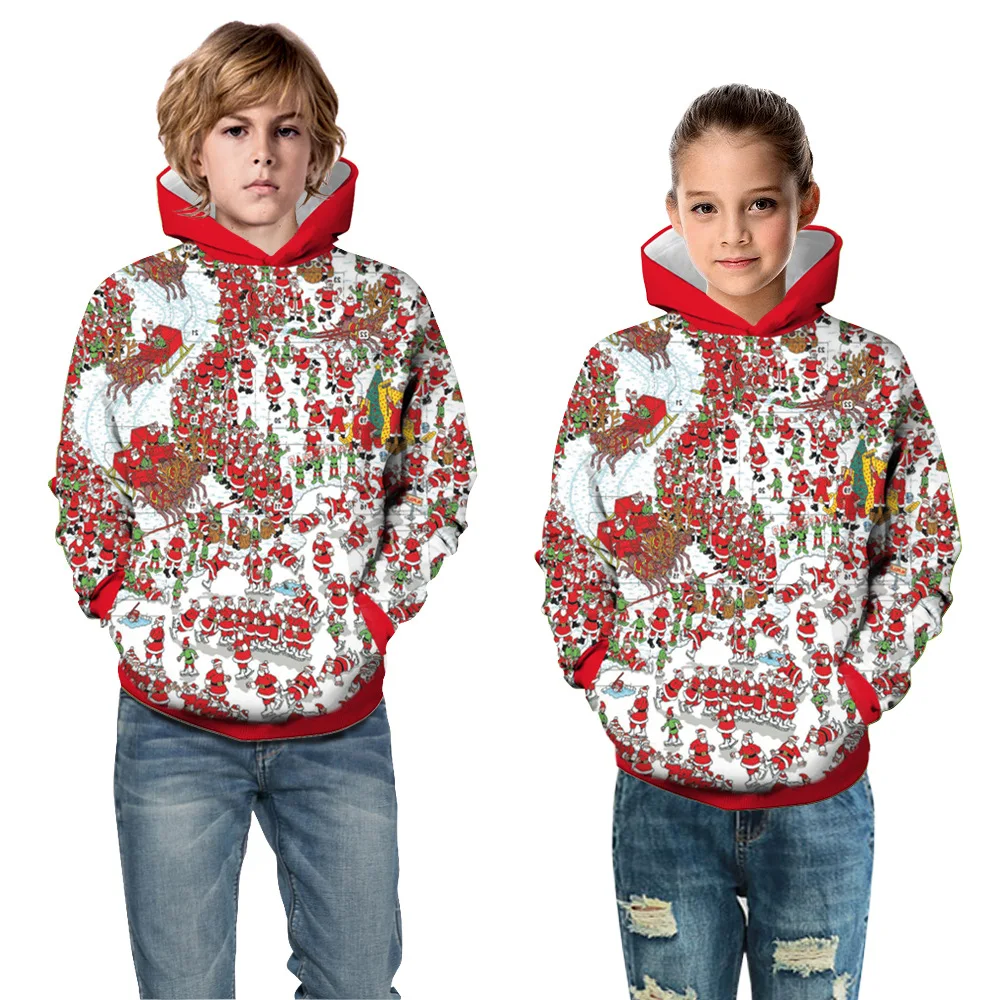 Kids Christmas Hoodies Cartoon 3D Print Santa Claus Snowman Boys Girls Hoody Sweatshirt for Children Hoodie Pullover Coat