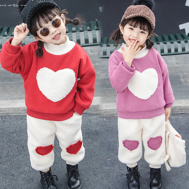 Warm Clothes for Girl Winter Kids Clothing Sets 2 PCS Top and Pants Long Sleeve Cute Plus Velvet Thick Children Outfit