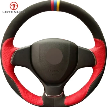 

LQTENLEO Red Genuine Leather Black Suede DIY Hand-stitched Car Steering Wheel Cover For Suzuki Baleno 2016-2019 Alivio 2015-2019