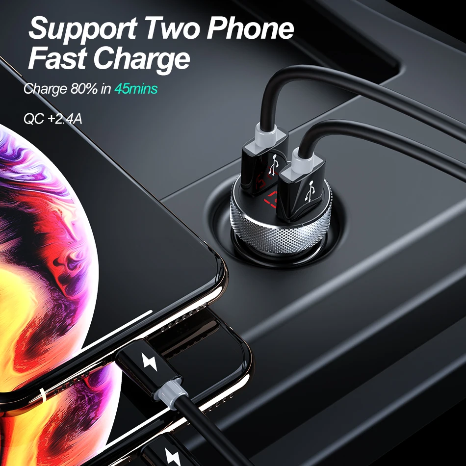 ROCK Dual USB металлическое автомобильное зарядное устройство для мобильного телефона QC 3,0 Быстрая зарядка с светодиодный дисплей для iPhone 11 Pro samsung huawei Xiaomi
