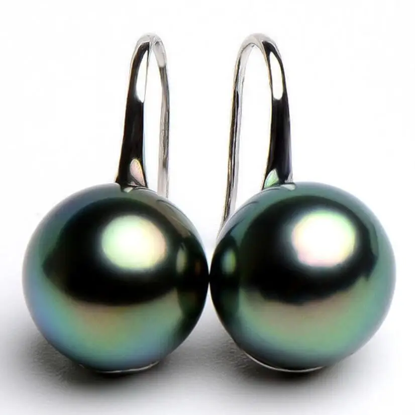 New 10/12Mm Tahitian Black South Sea Shell Pearl Silver Hook Dangle Earrings Aaa Drop  Shipping