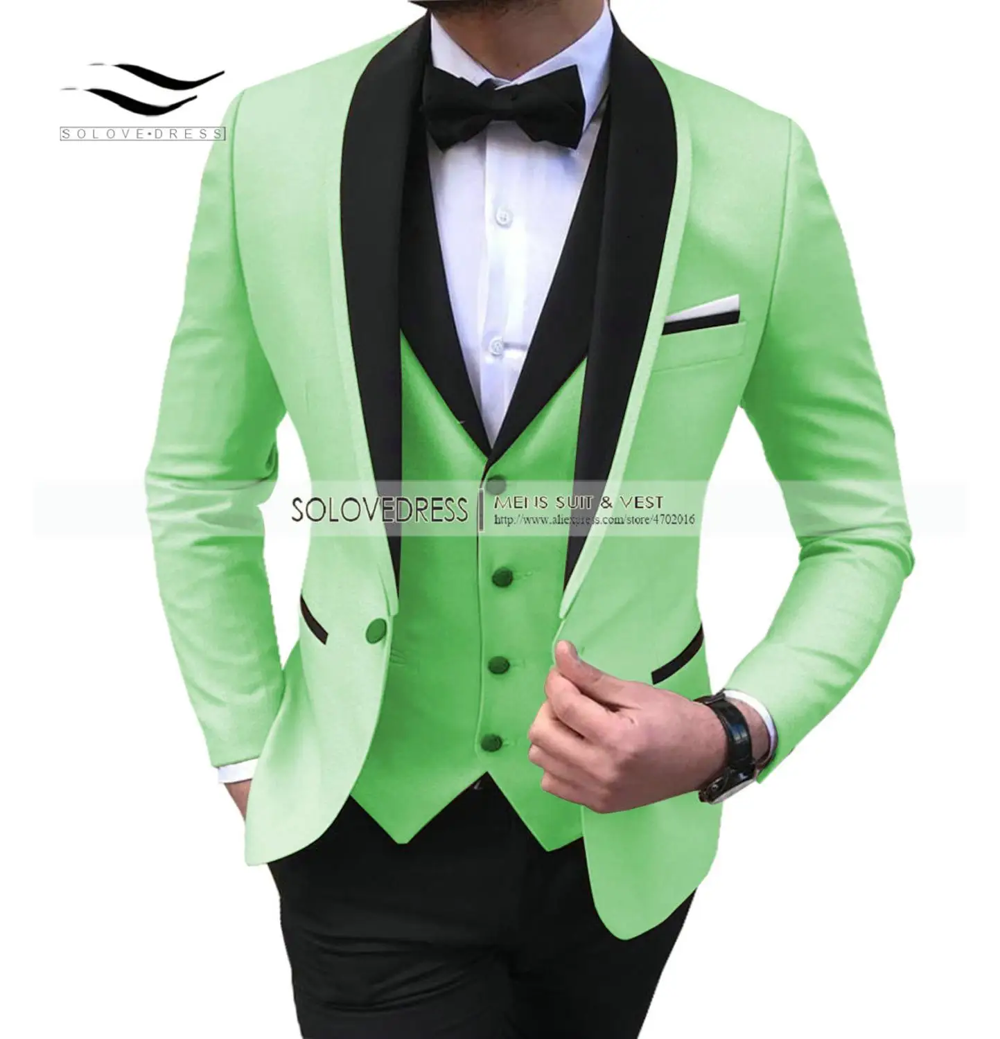 Mint Green Мужские костюмы из 3 предметов для отдыха, черный цвет, шаль с отворотом, смокинг для жениха, мужские свадебные костюмы(пиджак+ жилет+ брюки - Цвет: Mint Green