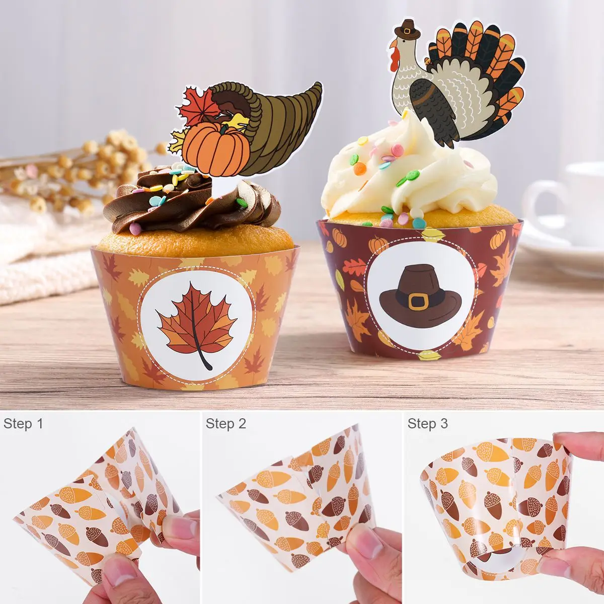 Tinksky 48PCS Unique Design Durable Creative Practical Turkey Thanksgiving Cupcake Wrappers Cupcake Toppers Cake Picks