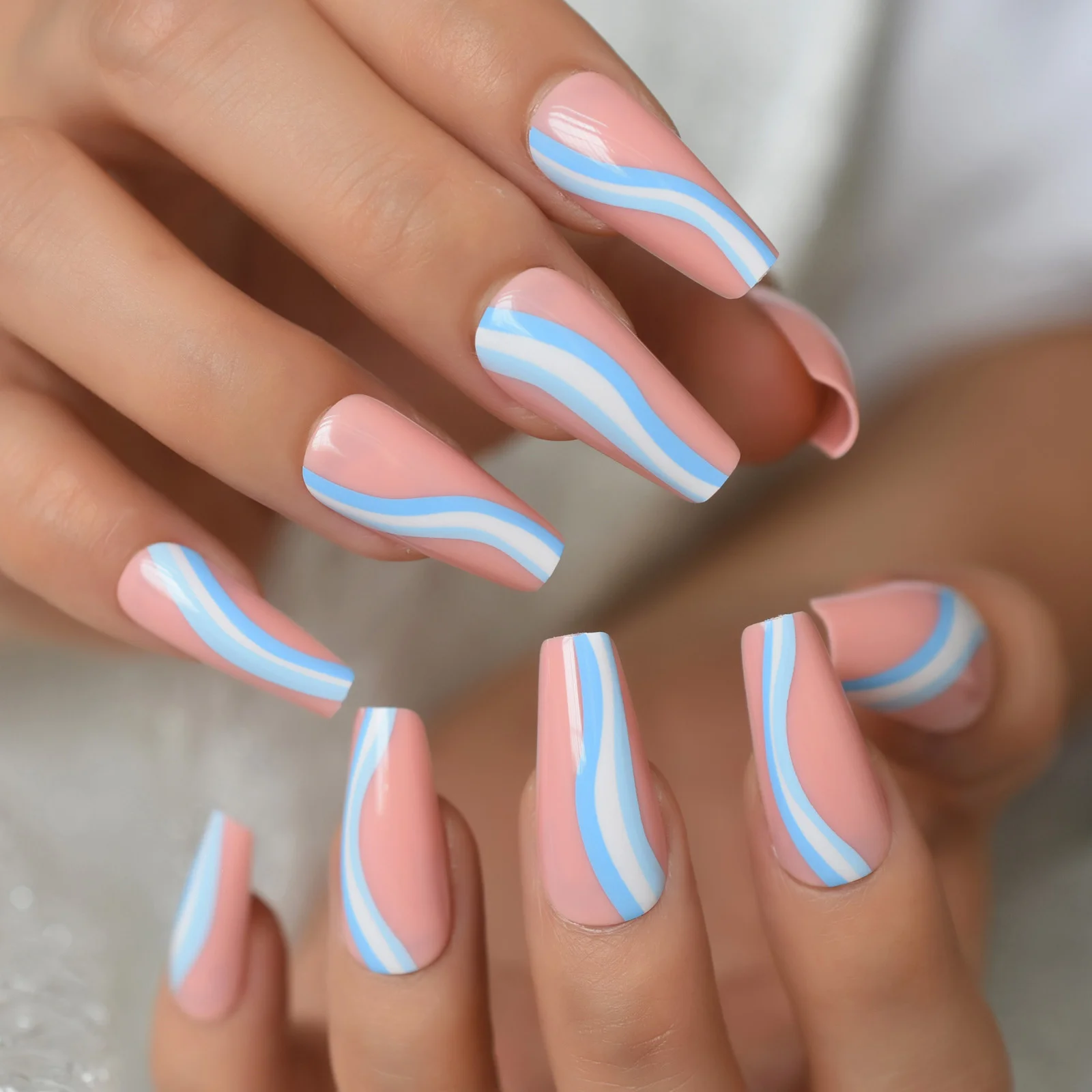 Candy Color Long Fake Nails Tips Baby Blue Swirls Coffin Press On Nails Pink Ballerina False Nails For Women And Girls 24pcs False Nails Aliexpress