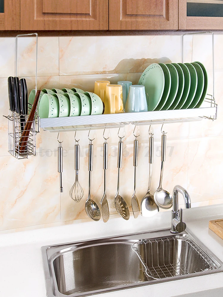 Kitchen rack wall-mounted bowl rack drain stainless steel sink sink sink dish storage supplies