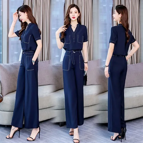 

2019 New Style Popular Summer Crew Neck Fashion Elegant Crew Neck Medium Waist Simple Versatile Cool Solid Color Set