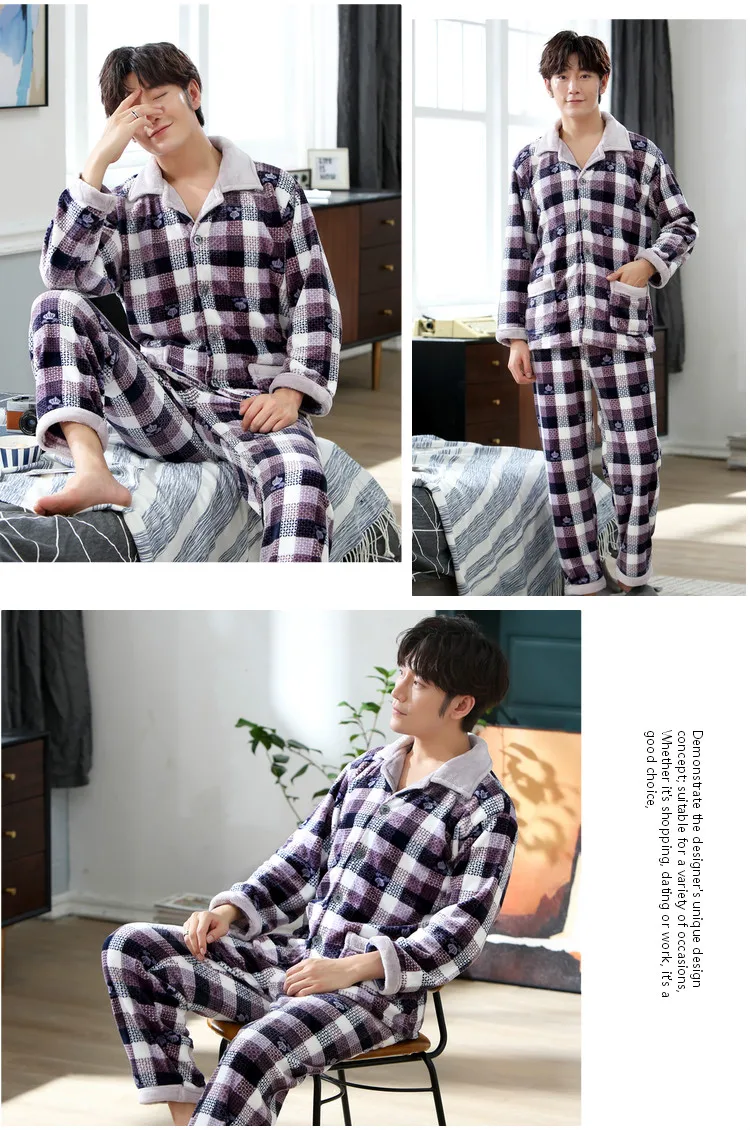 plaid pajama pants middle-aged and elderly large size loose Pajamas men's autumn winter home service long-sleeved flannel suit gray Nightgown silk loungewear