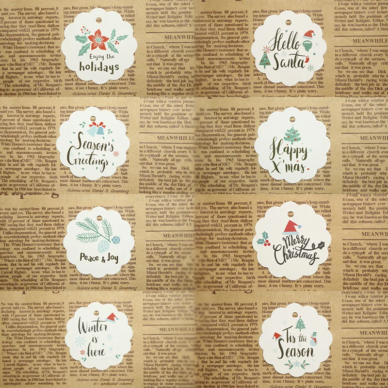 

100pcs Kraft Paper Tags Merry Christmas Hanging Labels Gift Wrapping Paper Hang Tags Xmas Hello Sant Printed Paper Cards Tags