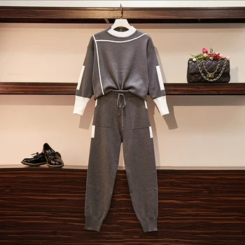 

Plus Size 4XL Women's Autumn Knitted Tracksuit 2 Piece Set Pullovers Tops + Pants Two Piece Set Knit Sweatshirts Sporting Suit