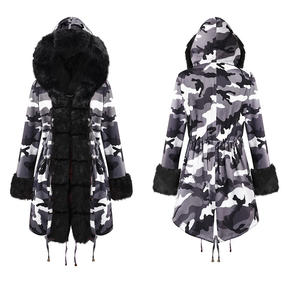 Camouflage Новое поступление, женские плотные теплые пальто с капюшоном из искусственного меха, камуфляжная верхняя одежда, зимние длинные куртки - Цвет: Camouflage