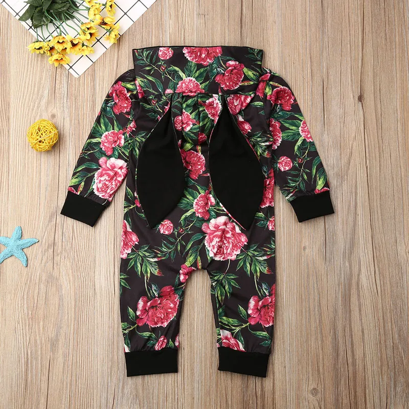 Baby Spring Autumn Clothing Infant Baby Girls Floral Clothes Rabbit Ears Romper Long Sleeve Zipper Jumpsuit Outfit 0-18M