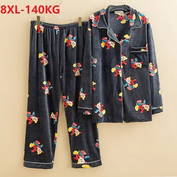 

winter women fleece Pajamas Sets cartoon Bear long sleeve tops and pants Female home sleepwear big size 6XL 8XL Pijamas Homewear