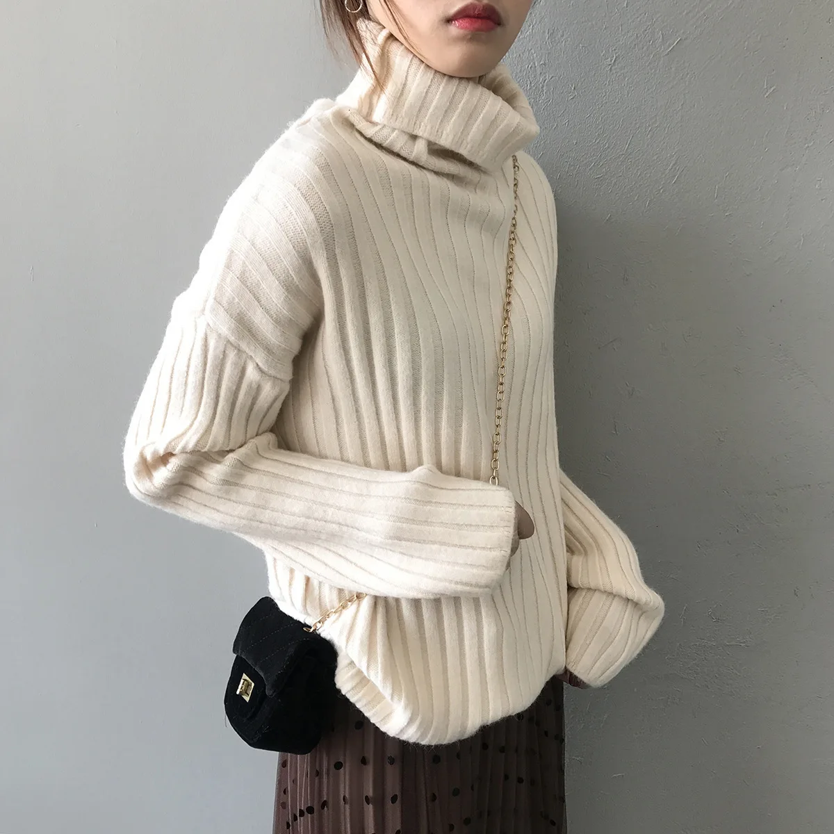 Mooirue, осень, женский свитер в Корейском стиле, свободный, ленивый, высокий, утолщенный, теплый, вязаный, свободный свитер, Женский Белый Топ