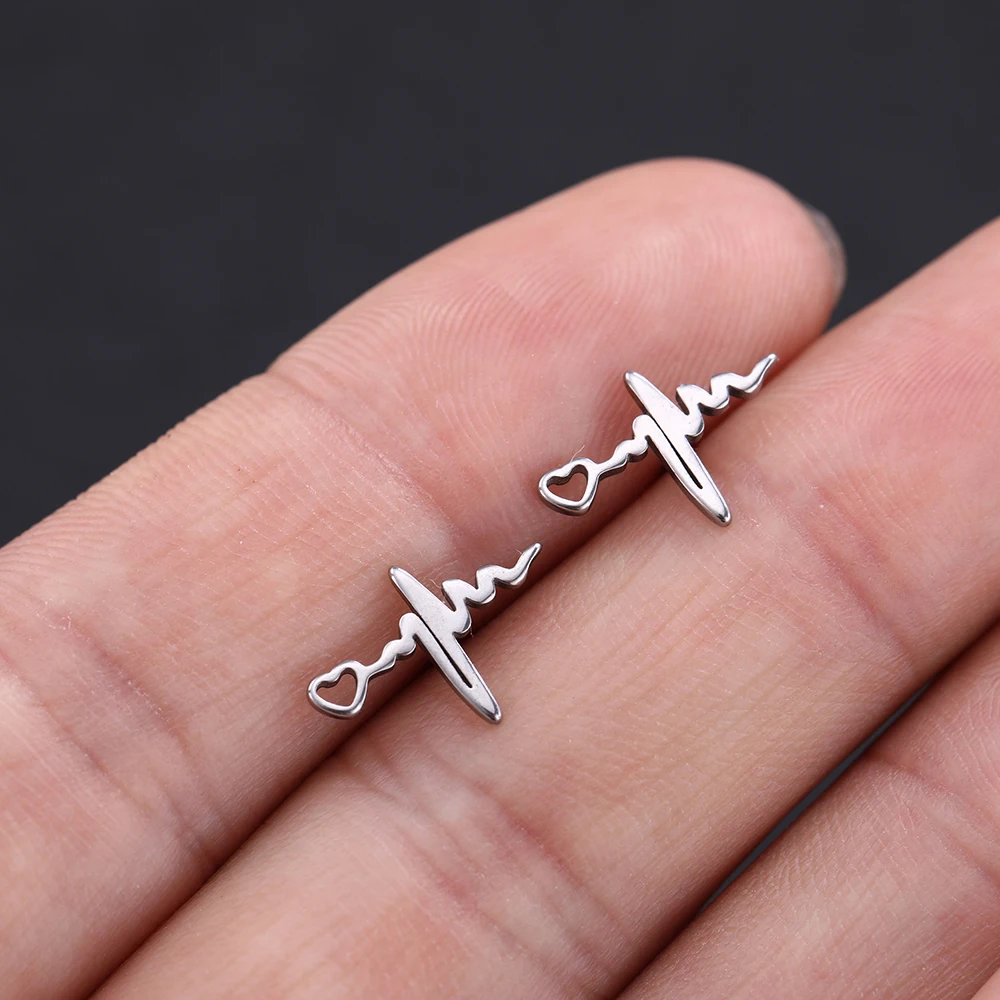 electrocardiogram Lemegeton из нержавеющей стали маленькие серьги зуб кактус самолет Волк Серьги в виде лисьей морды для женщин дети серьги доктора ювелирные изделия - Окраска металла: electrocardiogram