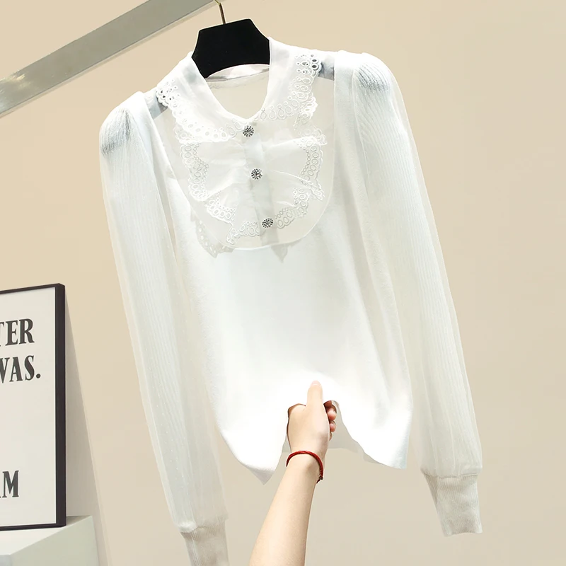 

Autumn Blusa Women Sweater Shirt New Fashion Lace Panel Collared Knit Shirt Puff Sleeve Blusas Femme Nancylim Top