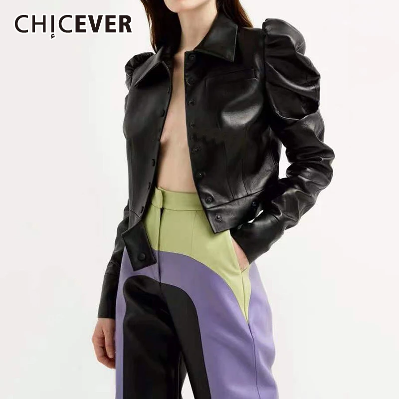 

CHICEVER Korean PU Leather Ruched Women's Jacket Lapel Collar Single Breasted Long Sleeve Loose Autumn Coat Female 2019 New