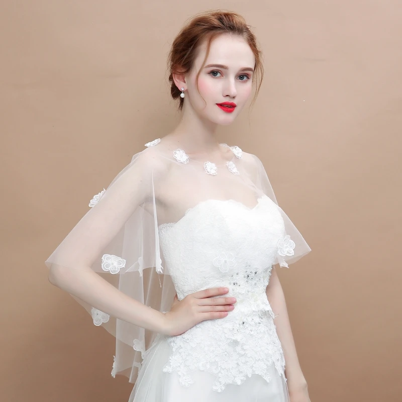 White Bridal Wedding Wrap Sheer Tulle Summer Cover Up Appliqued Hi-Lo Cape Women White Shawl Celebrity Party Jacket Bolero