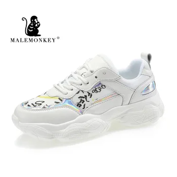 

2020 Spring Women Sneakers Fashion Casual Shoes Comfortable Breathable Graffiti Laser Beige Lace-up Flats Female Platform Shoes