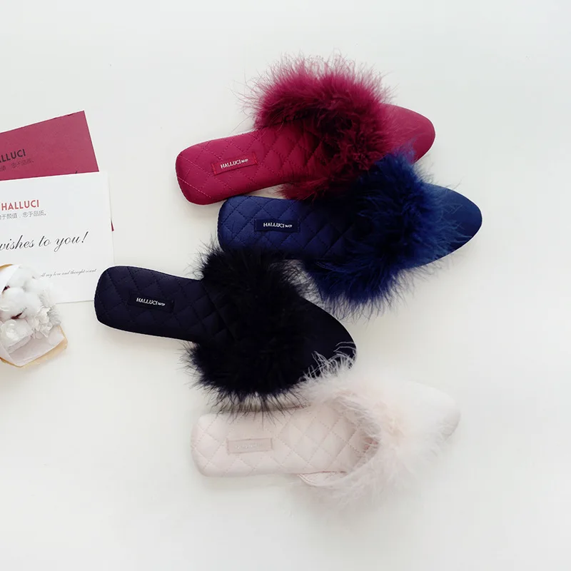 

Bride Marriage Souvenir INS Online Celebrity Pointed-Toe Sweet Home GIRL'S Morning Gowns Feather Floor Anti-slip WOMEN'S Slipper