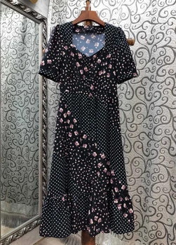 

2020 Spring and Summer New Women's Irregular Collar Polka Dot Small Floral Pattern Decorative Short-Sleeve Dress