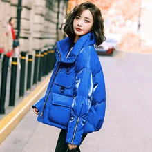 

New Women Blue Glossy Down Jacket Winter 2022 Fashion Stand Collar Solid Color Loose Short No-wash Down Coat Thick Outerwear