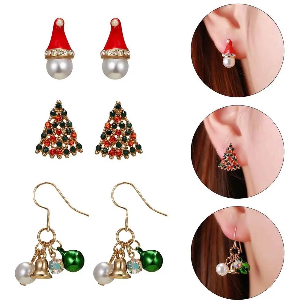 

3 Pcs/set Women Christmas Earrings Christmas Tree Bells Hats Earrings Female Xmas New Year Party Festival Gift Ear Accessories