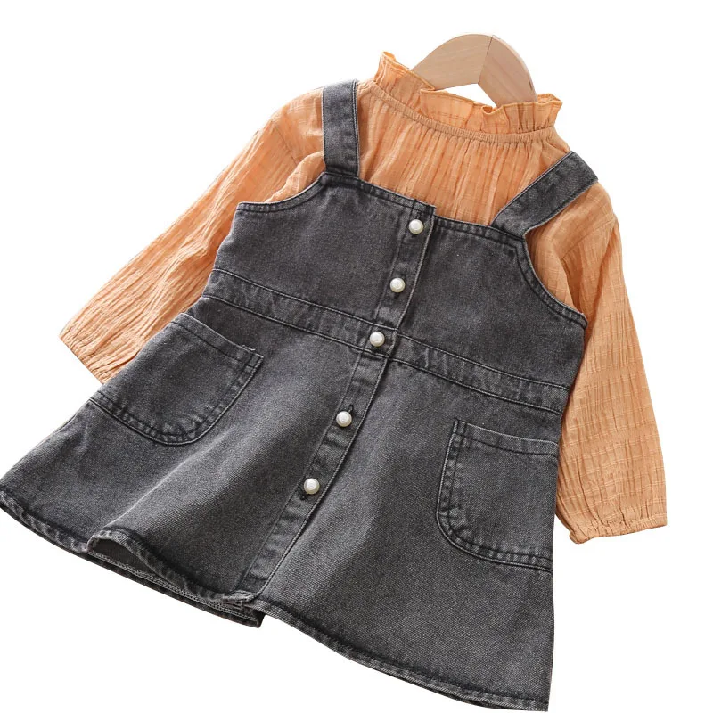 

Girls Denim Dress Suit 2019 New Autumn Girls Long-sleeved Doll Shirt + Denim Suspender Dress Two-piece