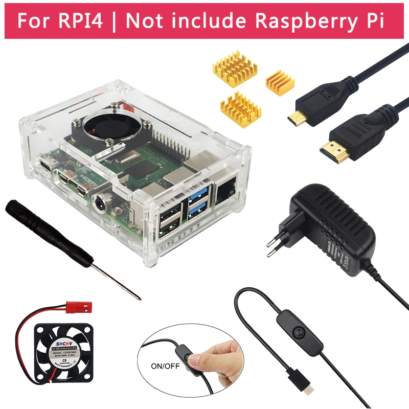 Raspberry Pi 4 Model B Accessories Acrylic Case + Cooling Fan + Heatsink +  Switch Power Adapter for Raspberry Pi 4|Demo Board Accessories| - AliExpress