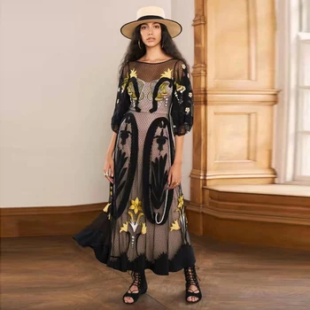 

Long Dress Spring And Summer Boho Flower Embroidery Patch Polka-Dot High Quality Women'S Designer Black Party Puff Sleeve Dress