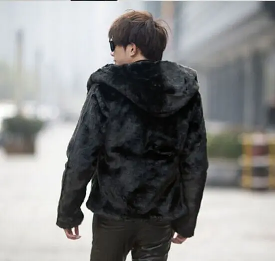 Winter Mens Faux Fur Coats Jacket Gothic Hooded Zipper Slim Short Design Parka Plus Size S-6XL Black Mink Fur Overcoat S57