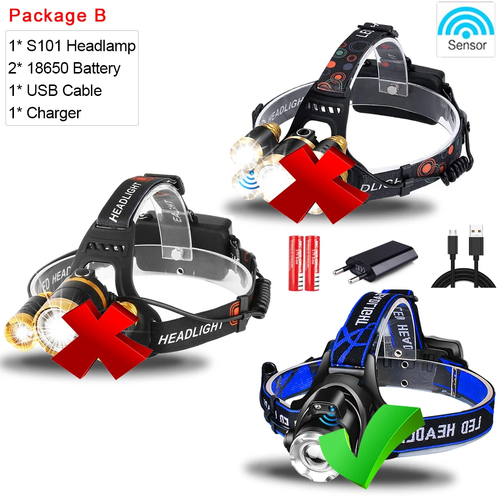 Package B Pocketman, головной светильник, датчик движения тела, налобный фонарь, 3/5 светодиодный T6, USB Перезаряжаемый головной светильник, водонепроницаемый Головной фонарь с батареей 18650 - Испускаемый цвет: Package B