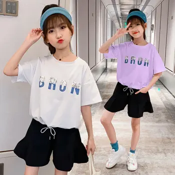 

New Baby Girl Clothes Set Short Sleeve Sequined Letters T-Shirts Top + Ruffles Shorts Cotton Casual Set Summer Clothes Kids Girl