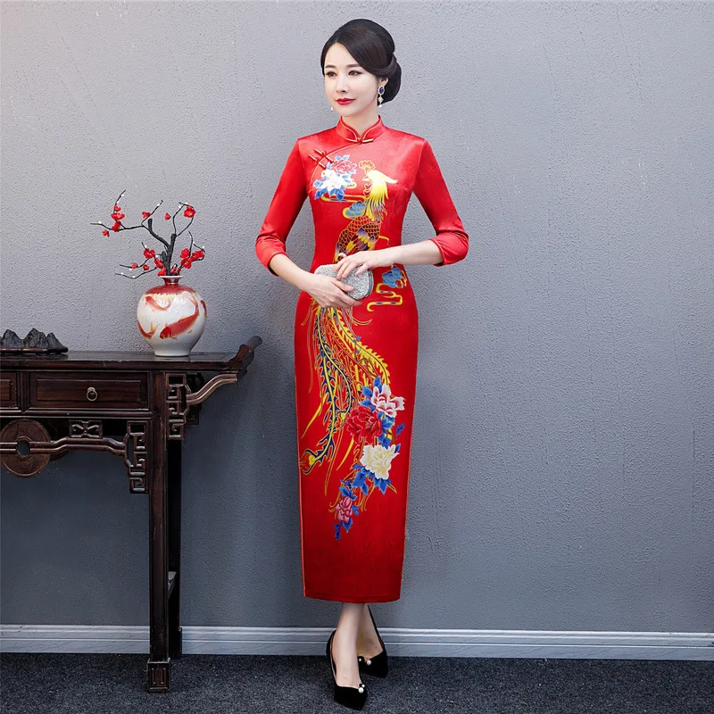 Большие размеры 3XL 4XL 5XL осеннее Новое поступление винтажное три четверти Cheongsam сексуальное женское Формальное длинное платье с цветочным принтом велюровое платье