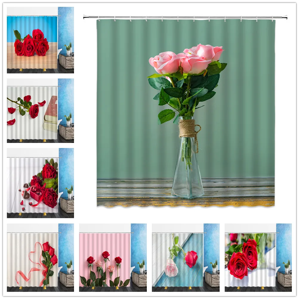 

Flowers Landscape Shower Curtains Red Rose Green Plants 3D Print Waterproof Bathroom Decor Home Bathtub Polyester Curtain Set