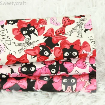 

110x45cm Cat Bow Heart Paris Prints Fabric tissus telas Thin Cotton Fabrics By Yard Tecido Handmade Sewing patchwork Accessories