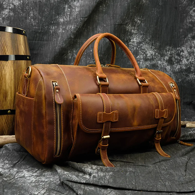 Retro Style Leather Travel Handbag Fashion Crazy Horse Mens Leather Bag Shoulder Travel Bag Natural Cow Skin High Capacity
