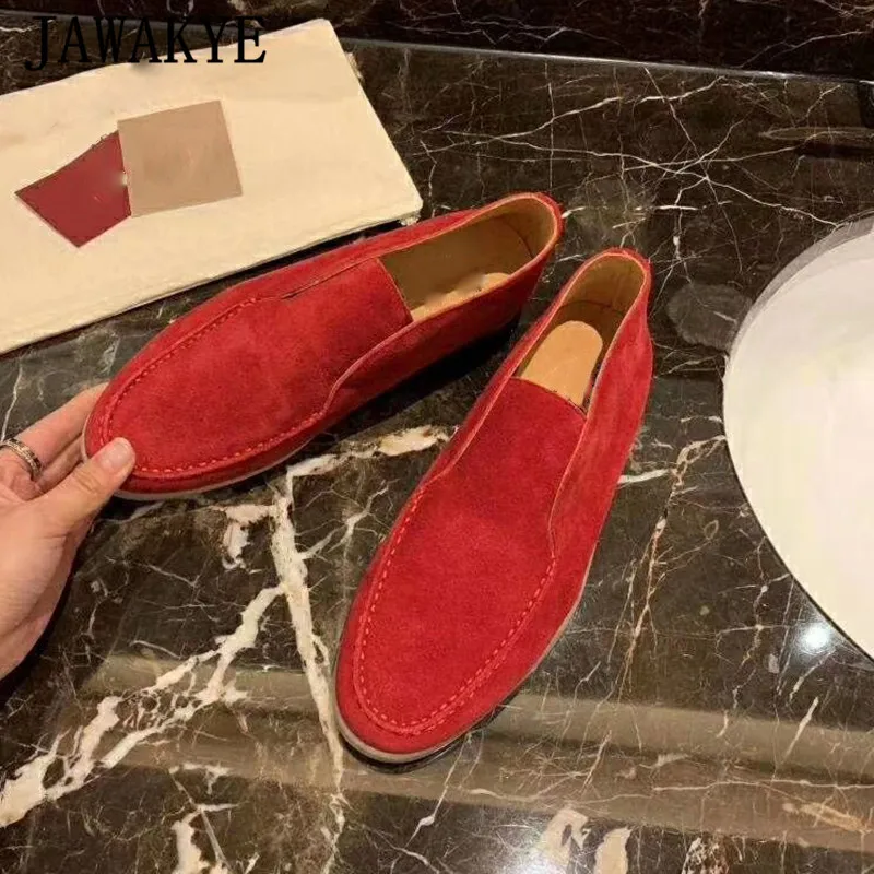 red Лидер продаж; женские замшевые туфли; удобные туфли из натуральной кожи на плоской подошве; женские туфли для подиума с круглым носком; Мокасины без застежки - Цвет: red