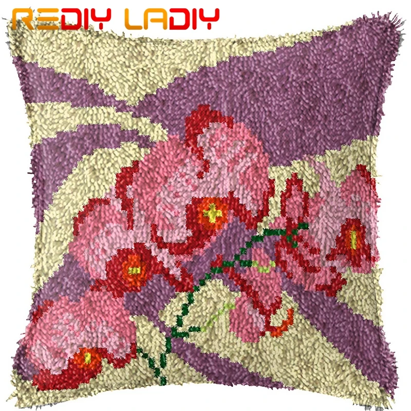 Latch Hook Cushion Pink Orchid Preprinted Canvas Cushion Front Acrylic