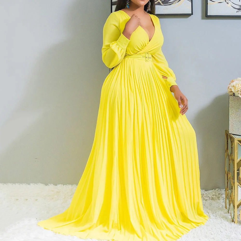

SUJYing New Fashion 2023 Women's Deep V Cross Grab Pleated Front Lower Skirt Solid Color Pleated Large Hem Dress Women's Dress