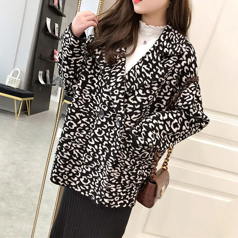 DISIAMAN plus size leopard coat faux fur jacket winter clothes women double-breasted knit chunky ladies sweaters long cardigan