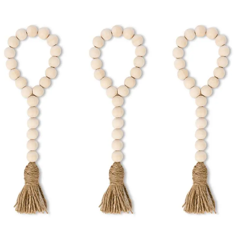 

Wood Bead Garland With Tassels Farmhouse Beads 3Pcs Rustic Country Decor Prayer Beads Wall Hanging Decor