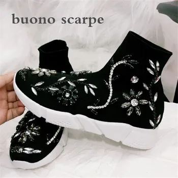 

High waist elastic inside increased socks shoes casual embroidery rhinestone short sets of feet knitted elastic shoes