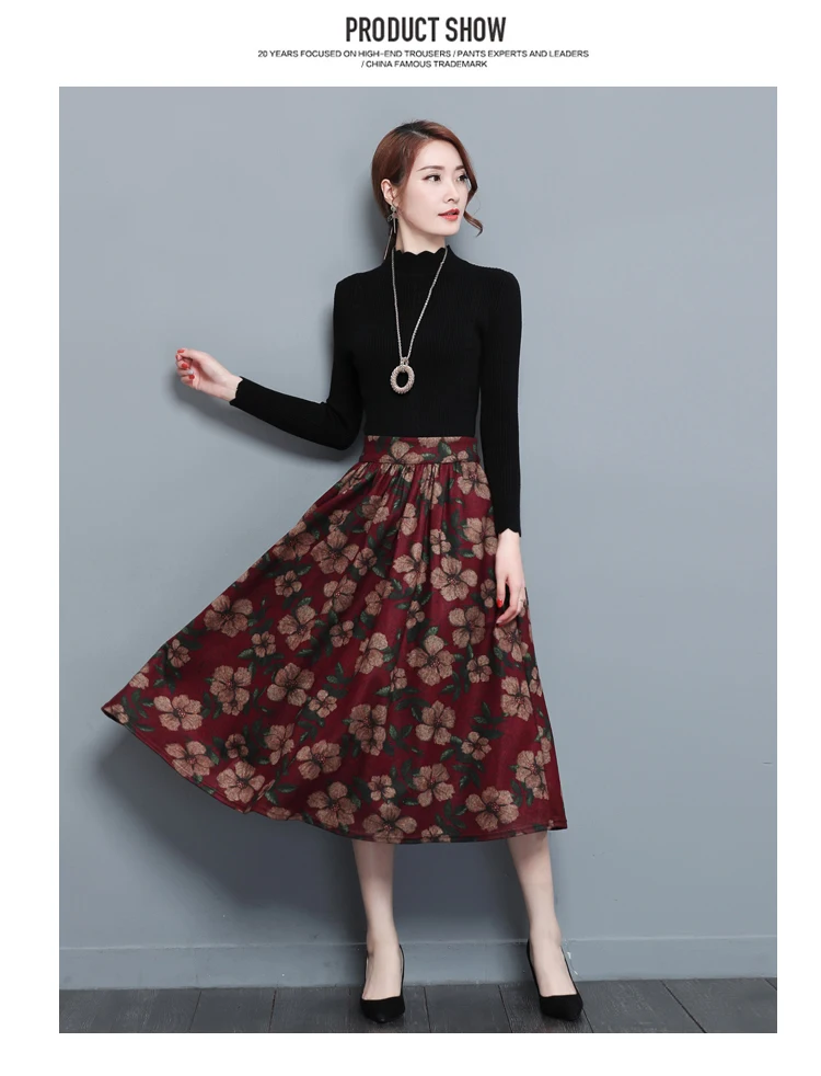 Новинка, Осень-зима, шерстяные юбки с принтом, корейские, для женщин, плюс размер, высокая талия, халат, офисная одежда, повязки, плиссированные, винтажные юбки, FW109