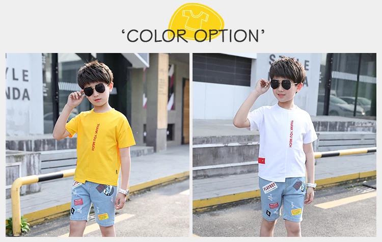 Wholesale Little Small Boy Clothes Children Kids Two-Piece Suit Yellow T Shirt Jeans Cheap Little Boys Short Sets